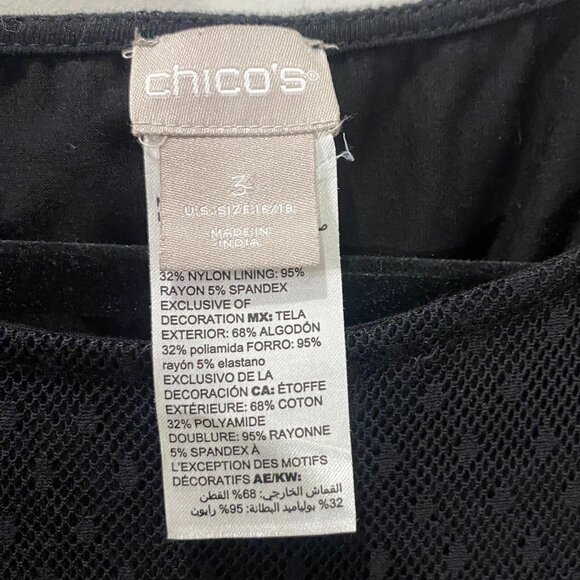 Chico's Top Women's Size 3 (16-18) Black Floral Embroidery Sheer Long Sleeves‎ - Picture 6 of 9